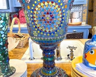 $80; large mosaic, multi-colored, goblet-shape vase or planter; 11”d x 18”h