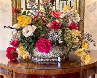 SOLD - $150; large scale, custom floral arrangement, ceramic, decorative planter with bright canary yellow and vibrant red roses; 36”w x 24”d x 30”h
