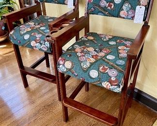 $150/ each; fun, bar-height chair upholstered in billiards theme with foot rest, and cup & cue holders by Victory; very sturdy, Great condition. 25.5”w x 22”d x 45”h