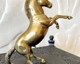 $60; vintage brass rearing horse sculpture; 7”w 2.5”d x 8”h