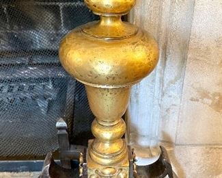 $1800; pair of impressive brass and iron andirons with beautiful scrolling and medallion accents; striking and stately; each: 13”w x 28”d x 27”h