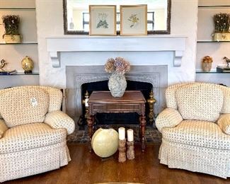 $800/Pair of Jessica Charles Round Arm Skirted Swivel Chair Rockers With Ottoman, Comfortable and Versatile. Excellent condition!                                                                            
Measures: Chairs: 41x42x32, Ottoman: 32x23x17