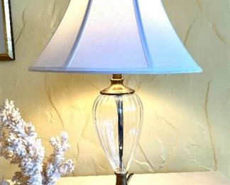 $120; PAIR of glass and brass table lamps; 16”d x 26.5”h