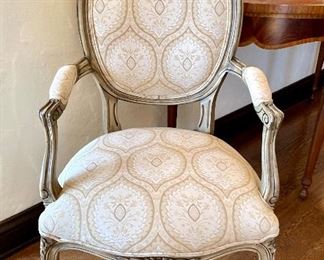 SOLD - $1200; set of 8 custom-upholstered dining chairs includes 2 captain’s chairs with arms; arm chairs: 24”w x 22”d x 43”h; side chairs: 21”w x 19”d x 43”d. All in excellent condition! Colors are ivory/beige/distressed grey. 