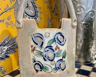 SOLD -  $28 Artisan Crafted Hallmarked Glazed Ceramic Floral Basket decor