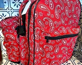 $58 Red Paisley Canvas Print Picnic Bag included Dinnerware Setting for 2 and insulated Back Zip Pouch, Perfect for a Date Night!!