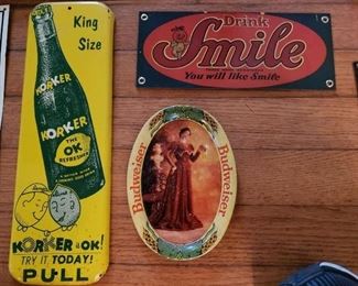 Drink signs Budweiser, vintage Korker and Smile drink signs