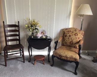 Side chairs, drop leaf side table and ladder back chairs
