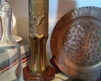 Brass and glass wine decanter and serving pieces