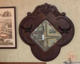 Antique Hand Carved Mirro with Hat Hooks