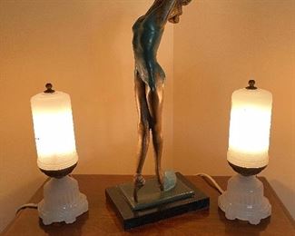 Bronze Ballet Sculpture with PAIR of Art Deco Style Table Lamps