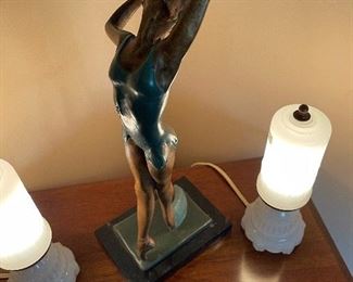 Bronze Ballet Sculpture with PAIR of Art Deco Style Table Lamps
