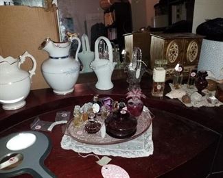 perfume bottles, glass baskets