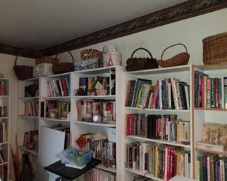 books, craft supplies, baskets, storage boxes