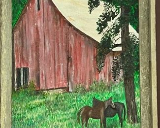 Original painting- Barn and horses
