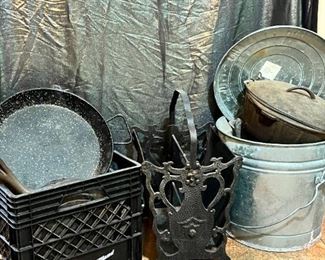 Cast iron pots and fire kindling  holder