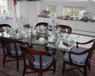 GLASS DINING TABLE AND 6 PARTY CHAIRS