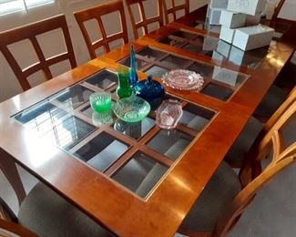 Large dining table with two leaves and 10 chairs