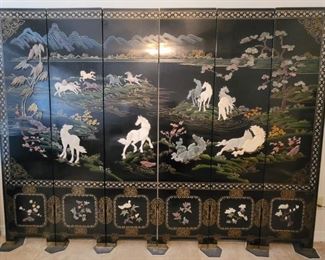 Black Lacquered w/ Marble Horses 6-Panel Screen