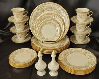 Lenox Castle Garden China Set: 6 Place Settings +
Salt & Pepper
5-Piece Place Settings have Dinner, Salad, Dessert Plates, Cup & Saucer
There are 32 Pieces of this China in this Lot 
Discontinued Pattern 1973-1993