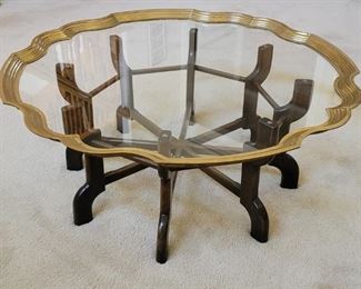 Gold Trimmed Glass Top Coffee Table on Wood Base