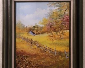 Framed Oil on Canvas Landscape with Old Barn