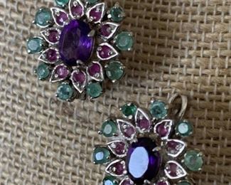 Sterling Silver Earrings with Emeralds, Rubies,
and Amethyst