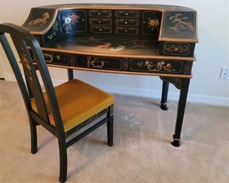 Asian Style Black Lacquered Writing Desk & Chair