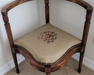 Antique Edwardian Corner Chair w/ Needlepoint Seat