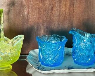Vaseline Opalescent Basket & Blue Pressed Glass Cream Sugar
