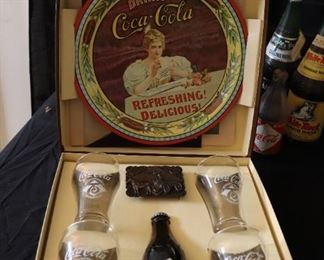 Vintage 75th Anniversary Set Coca Cola Glasses, Belt Buckle, Tray, Glasses,  Case  