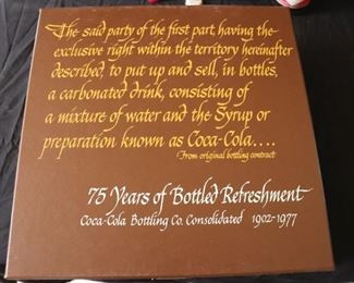 Vintage 75th Anniversary Set Coca Cola Glasses, Belt Buckle, Tray, Glasses, Case