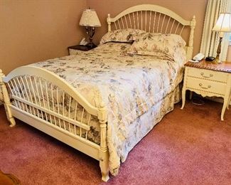 1______$1,495 
Ethan Allen French Provencal&nbsp;Queen Bedroom set
bed with mattress, 2 nighstands, 1 dresser with mirror&nbsp;
bed for queen  • 61 high 
nightstand pair   • 28high 26wide 19deep 
dresser   • 82high 69wide 20deep

