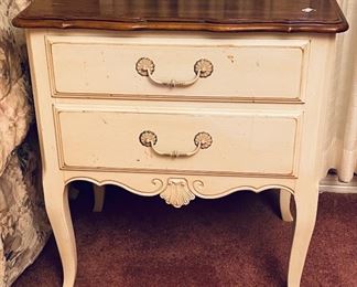 1______$1,495 
Ethan Allen French Provencal&nbsp;Queen Bedroom set
bed with mattress, 2 nighstands, 1 dresser with mirror&nbsp;
bed for queen  • 61 high 
nightstand pair   • 28high 26wide 19deep 
dresser   • 82high 69wide 20deep
