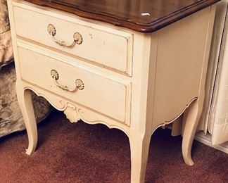 1______$1,495 
Ethan Allen French Provencal&nbsp;Queen Bedroom set
bed with mattress, 2 nighstands, 1 dresser with mirror&nbsp;
bed for queen  • 61 high 
nightstand pair   • 28high 26wide 19deep 
dresser   • 82high 69wide 20deep
