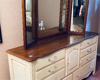 1______$1,495 
Ethan Allen French Provencal&nbsp;Queen Bedroom set
bed with mattress, 2 nighstands, 1 dresser with mirror&nbsp;
bed for queen  • 61 high 
nightstand pair   • 28high 26wide 19deep 
dresser   • 82high 69wide 20deep
