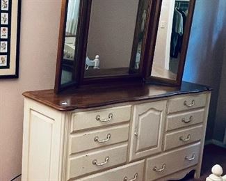 1______$1,495 
Ethan Allen French Provencal&nbsp;Queen Bedroom set
bed with mattress, 2 nighstands, 1 dresser with mirror&nbsp;
bed for queen  • 61 high 
nightstand pair   • 28high 26wide 19deep 
dresser   • 82high 69wide 20deep
