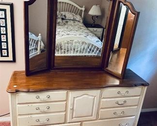 1______$1,495 
Ethan Allen French Provencal&nbsp;Queen Bedroom set
bed with mattress, 2 nighstands, 1 dresser with mirror&nbsp;
bed for queen  • 61 high 
nightstand pair   • 28high 26wide 19deep 
dresser   • 82high 69wide 20deep
