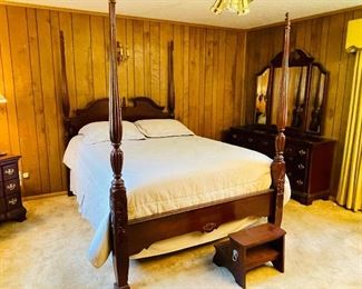 21______$395 
Mahogany four poster bed with Queen Sealy posturepedic mattress&nbsp;
 • 84high