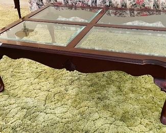 10______$350 
Ethan Allen Table set 2 sides & 1 coffee table&nbsp;
side tables  • 23high 22wide 27deep 
glass four panel table  • 18high 50wide 38deep 