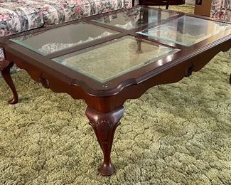 10______$350 
Ethan Allen Table set 2 sides & 1 coffee table&nbsp;
side tables  • 23high 22wide 27deep 
glass four panel table  • 18high 50wide 38deep 