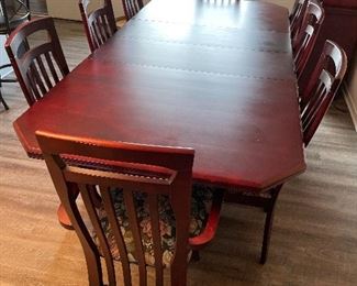 3______$495 		
Table & 6 chairs + 2 Arms (2 leaves 30inches) Sherry finish 
Table  • 31high 94wide 44deep
Armchair  • 41high 23wide 22deep 
side chair r  • 41high 18wide 22deep 