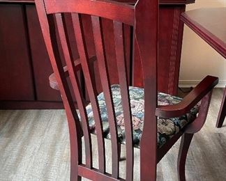 3______$495 		
Table & 6 chairs + 2 Arms (2 leaves 30inches) Sherry finish 
Table  • 31high 94wide 44deep
Armchair  • 41high 23wide 22deep 
side chair r  • 41high 18wide 22deep 