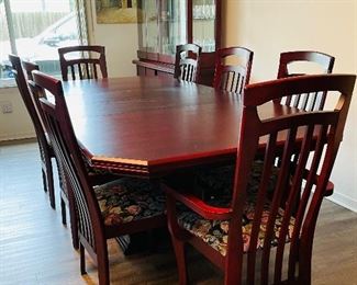 3______$495 		
Table & 6 chairs + 2 Arms (2 leaves 30inches) Sherry finish 
Table  • 31high 94wide 44deep
Armchair  • 41high 23wide 22deep 
side chair r  • 41high 18wide 22deep 