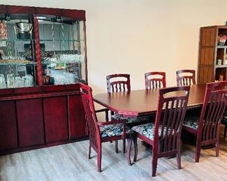 3______$495 		
Table & 6 chairs + 2 Arms (2 leaves 30inches) Sherry finish 
Table  • 31high 94wide 44deep
Armchair  • 41high 23wide 22deep 
side chair r  • 41high 18wide 22deep 