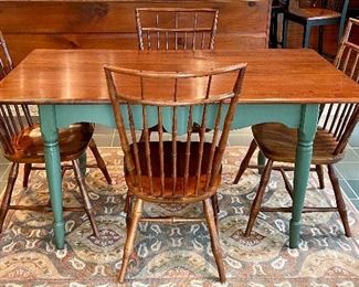 Item 18:  Nichols & Stone Table with 4 Nichols & Stone Birdcage Windsor Dining Chairs:   $1595                                                            Table - 62"l x 32"w x 30.5"h                                                                            Chairs - 17.5"l x 17.25"w x 38.25"h 
