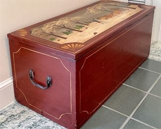 Item 48:  Painted Storage Trunk Signed - 30.5"l x 13"w x 12.5"h:  $125