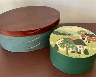 Item 55:  Shaker Style Box (left) - 4":  $28                                                                       Item 56:  Hand Painted Box by Bonnie Taylor (right) - 3.25":  $24                                