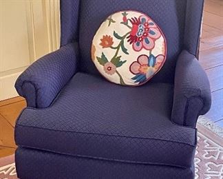 Item 73:  (2) Vintage Les Brown Chair Co. Armchairs (navy) - 29.5"l x 21.5"w x 41.5"h: $425/Pair 