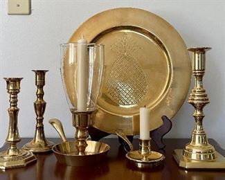 Item 74:  Set of Five Brass Candlesticks & Pineapple Embossed Plate:  $48                                                                                                                                  Plate - 13"